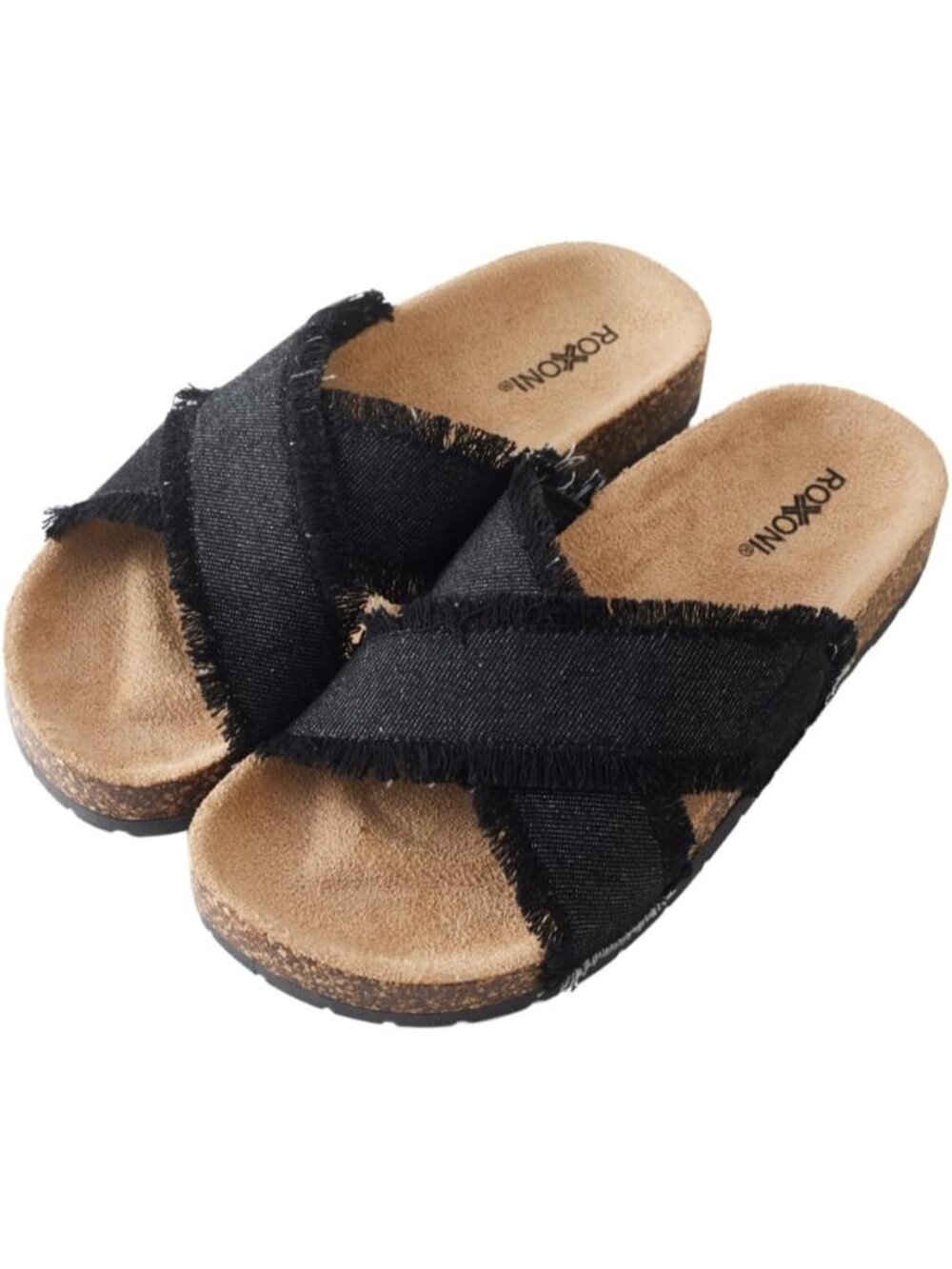 🆕 Women's Black Denim Crisscross Slide Sandals Cork Footbed Fringed Shoes